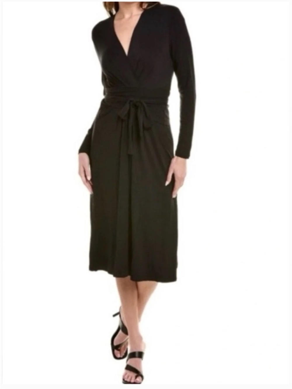 CAbi Black Stretch Wrap Midi Dress Long Sleeve Tie Waist Size Small